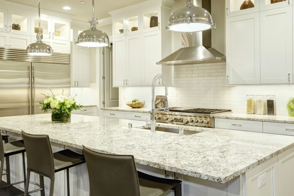 hamptons style kitchen in brisbane with large pendant lights