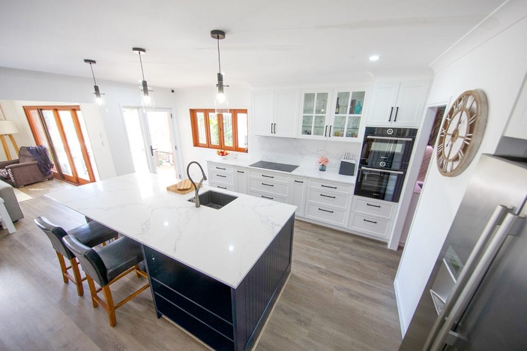 White style kitchen with white marble benchtops