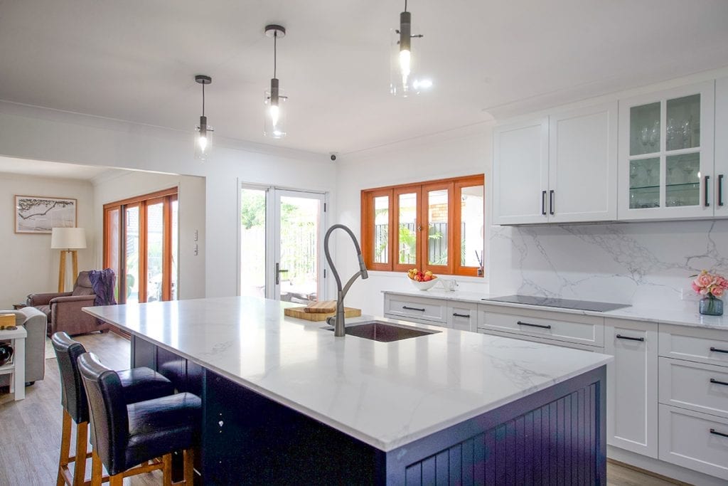 Blue Island Bench with Dark Mixer Tap and Single Kitchen Basin