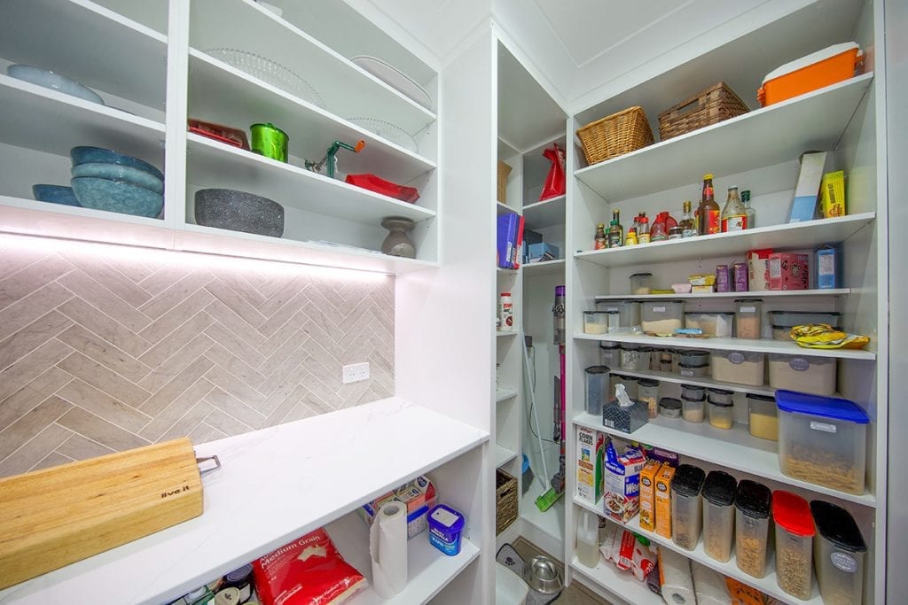 Close up of food storage area in walk in pantry