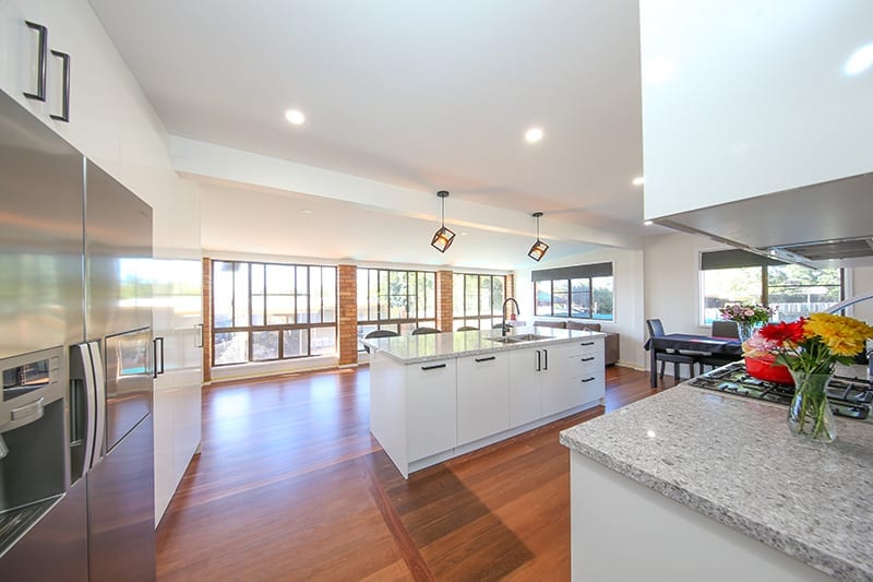 Open polished timber floors in large spacious kitchen