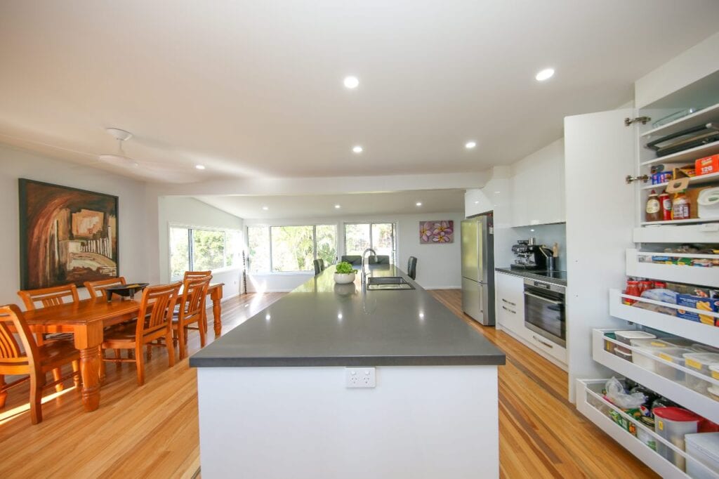 Island Bench and Open Pantry Doors with sliding storage