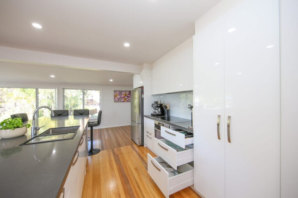 Kitchen Corridor with Open Under Bench Drawers