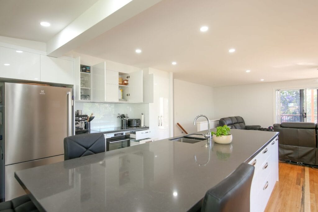 Grey Kitchen Bench and Open Overhead Storage