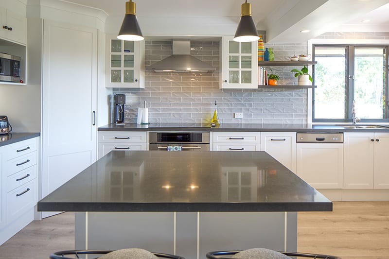 open shelves in petite kitchen