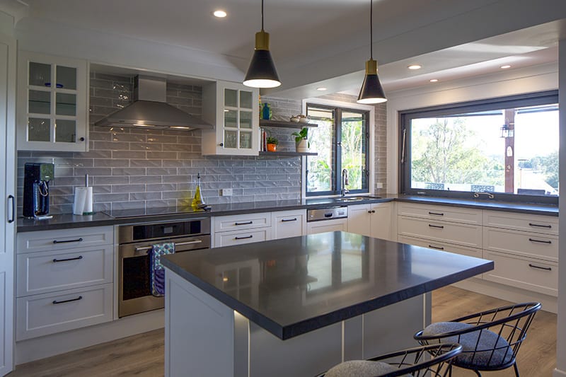 open plan living Hampton style kitchen with grey island bench