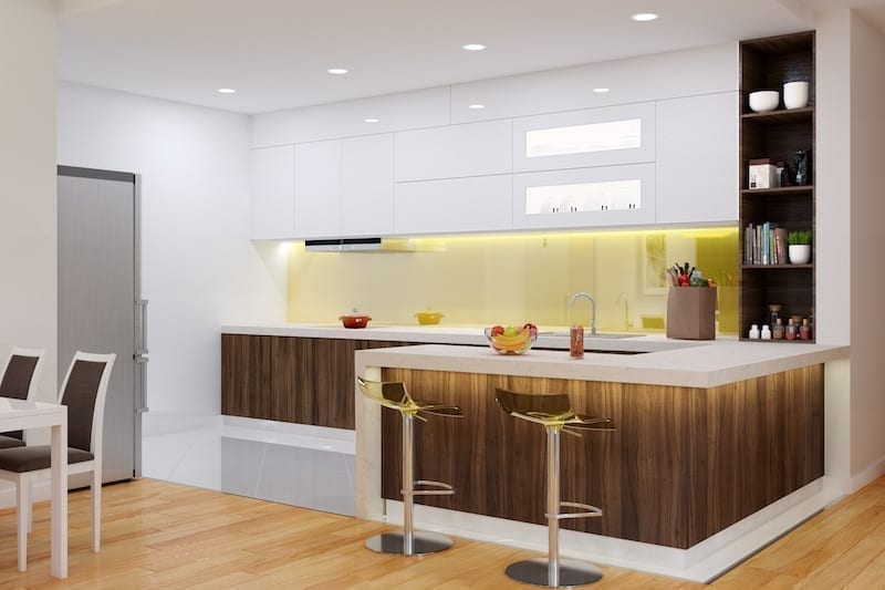 Kitchen with backlit glass splashback