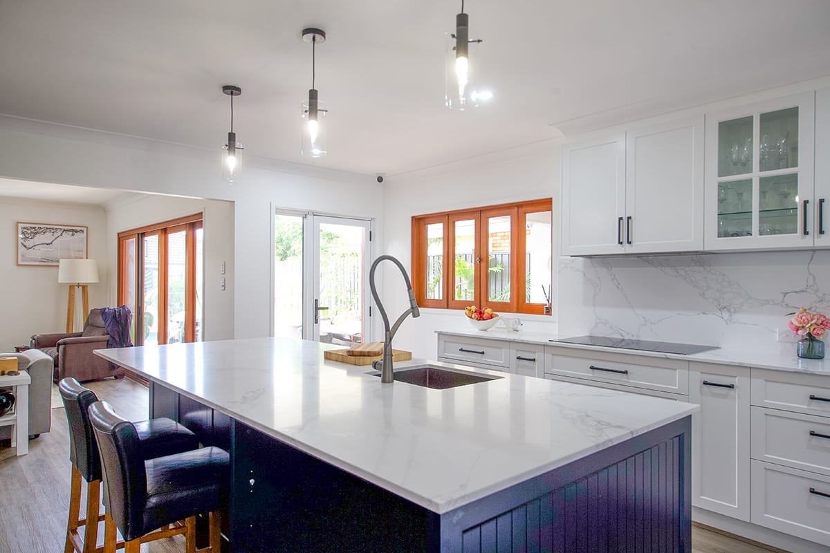 White farmhouse kitchen with island